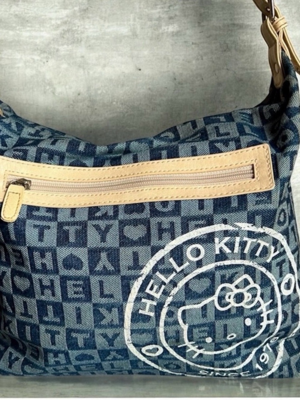 Almost Vintage 2007 Sanrio Hello Kitty Monogram Denim Shoulder Bag Hobo Y2K